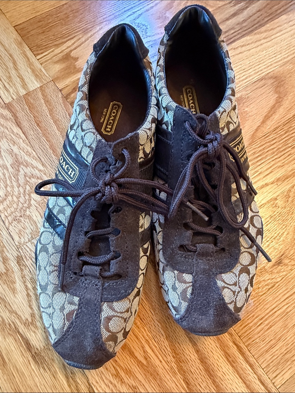 Coach Brown and Cream Signature Logo Lace-Up Sneakers